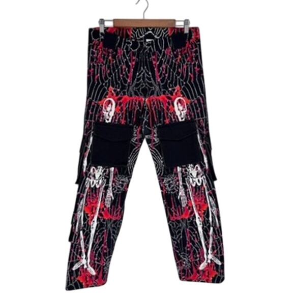 Skeleton Cargo Pants Red and Black Goth y2k Punk Size Small - Picture 1 of 5